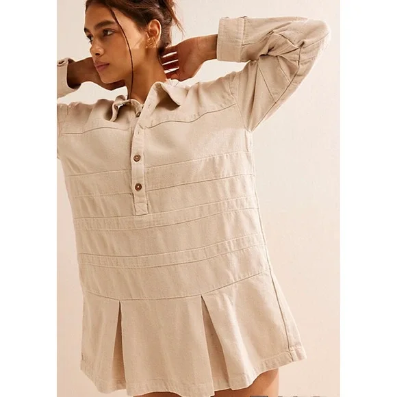 NEW FREE PEOPLE FREE-EST BEIGE CHECKIN' IN MINI DRESS SZ SMALL S - Picture 1 of 8